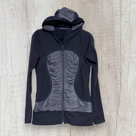 Lululemon Pure Balance Jacket Black Gray Ruched Hooded Zip Women’s Size 8 Rare - Picture 1 of 7